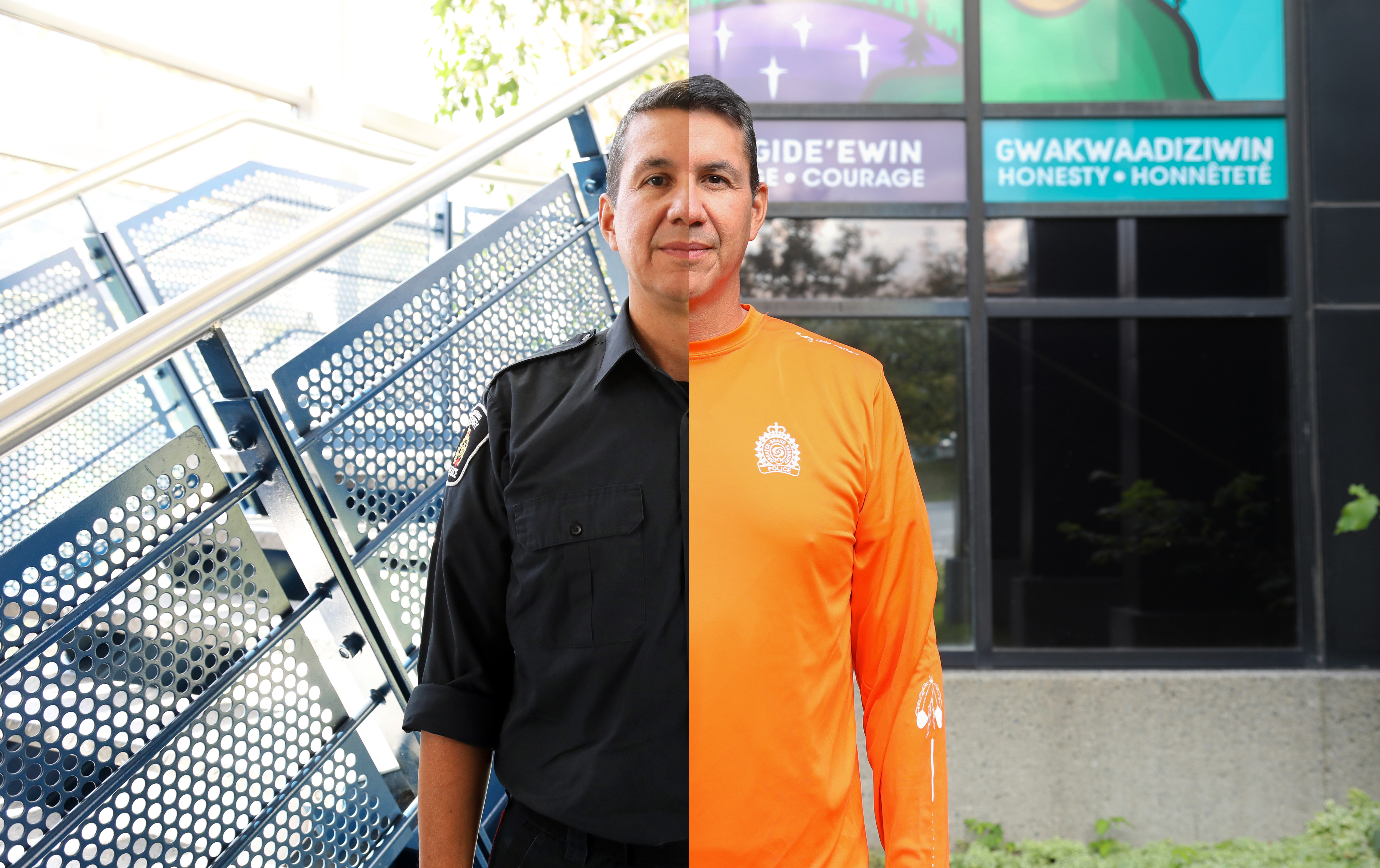 police officer half in uniform half in orange shirt