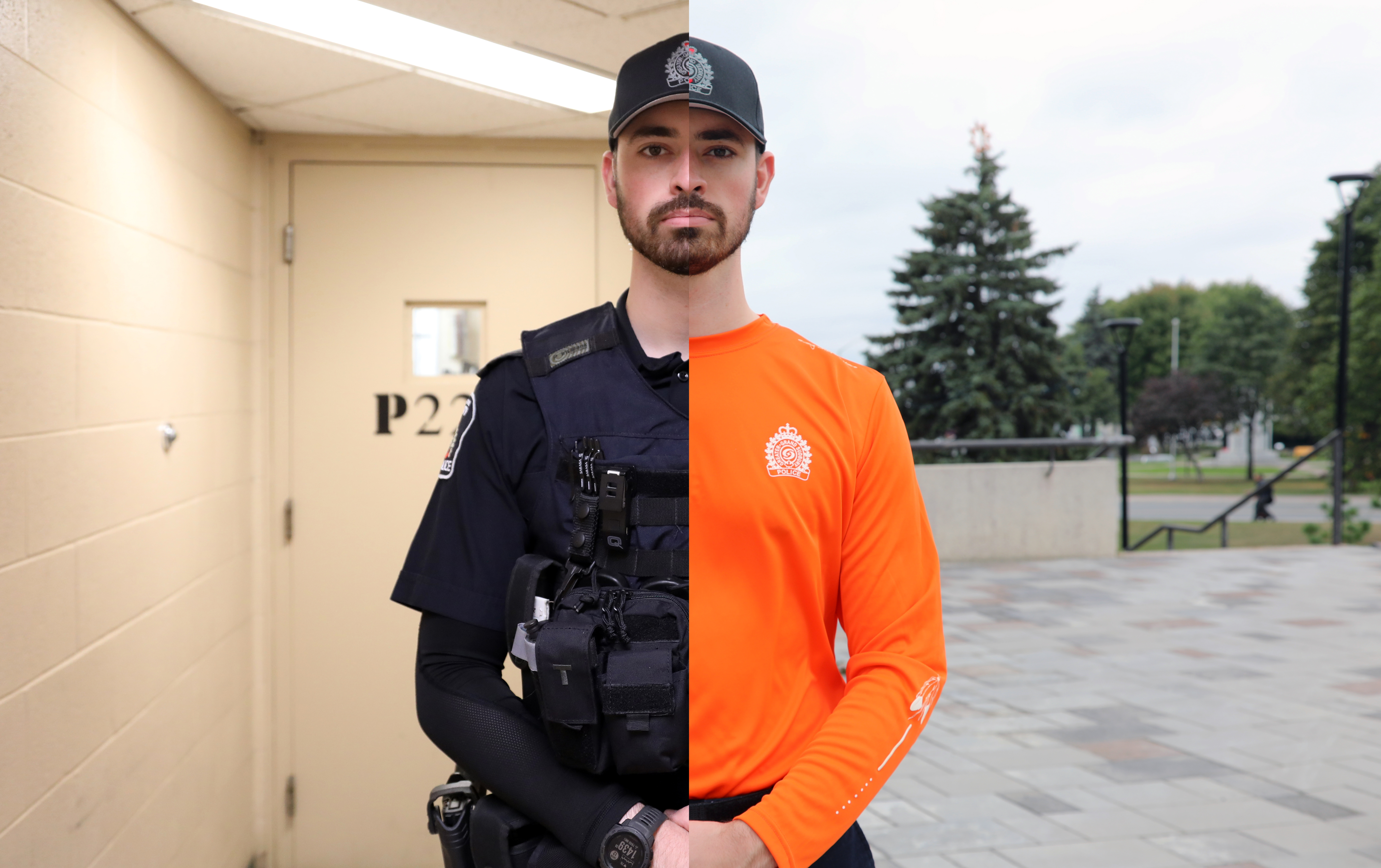 Police officer half in uniform half in orange shirt
