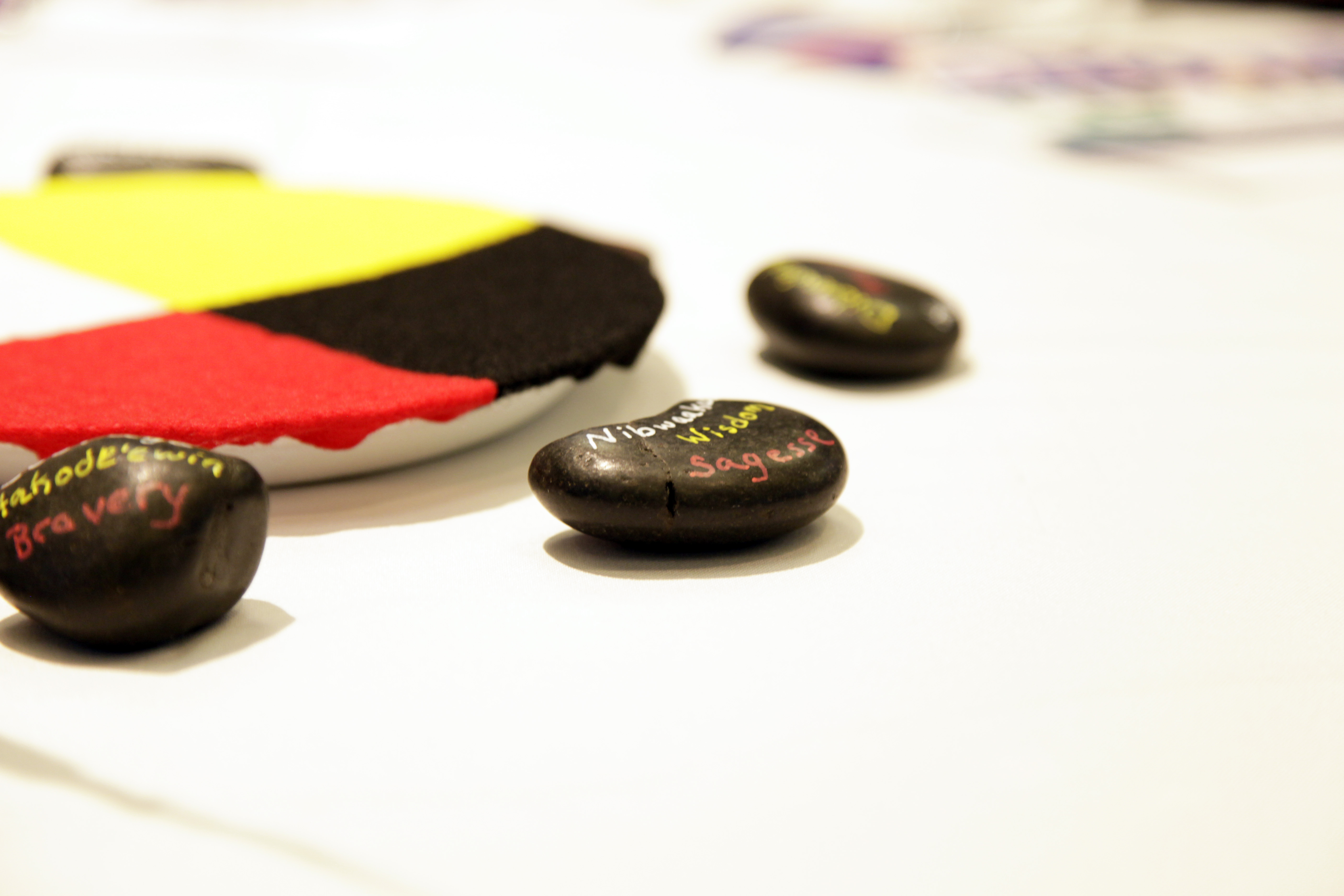 painted stones with words on a table