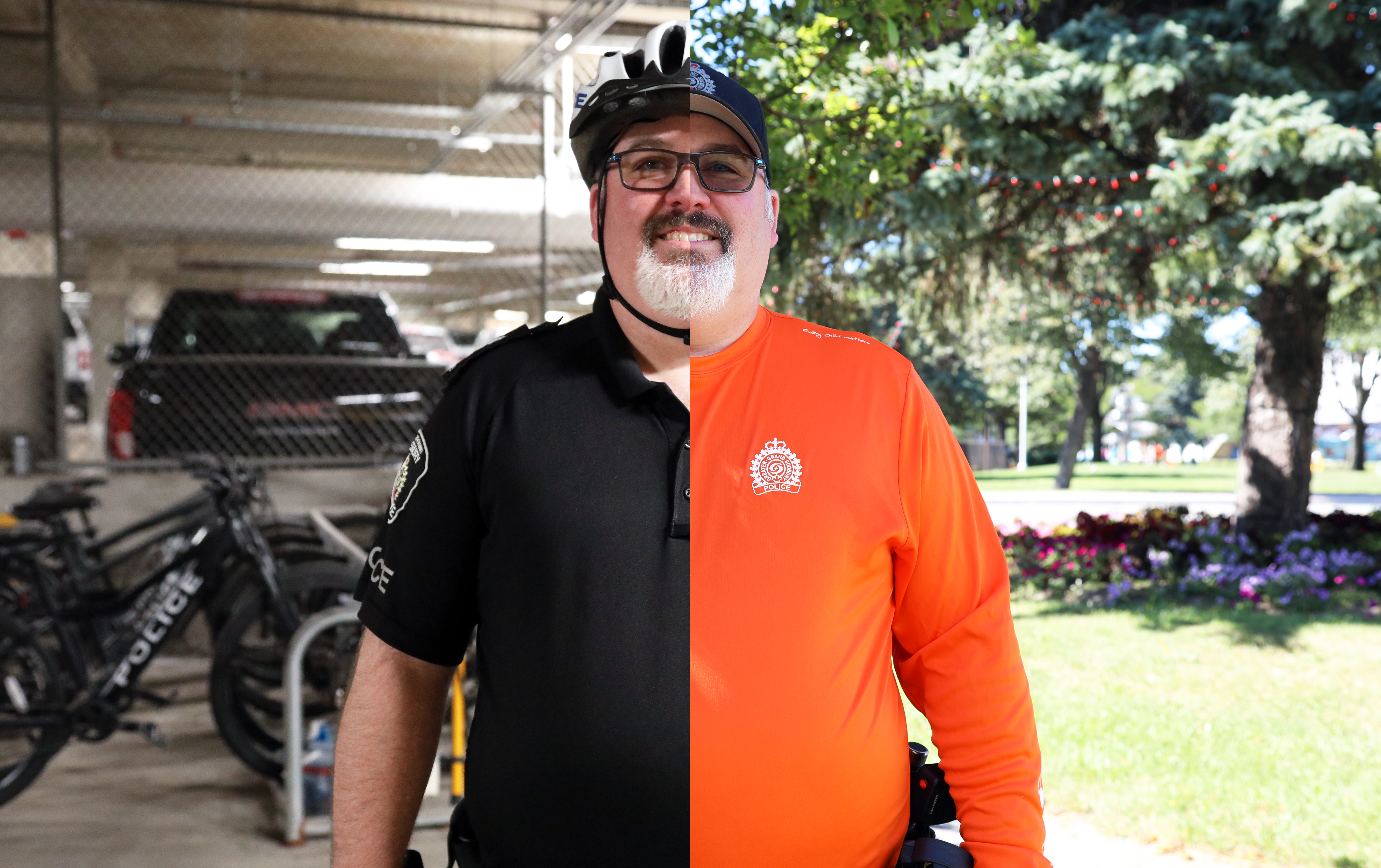 police officer half in uniform half in orange shirt