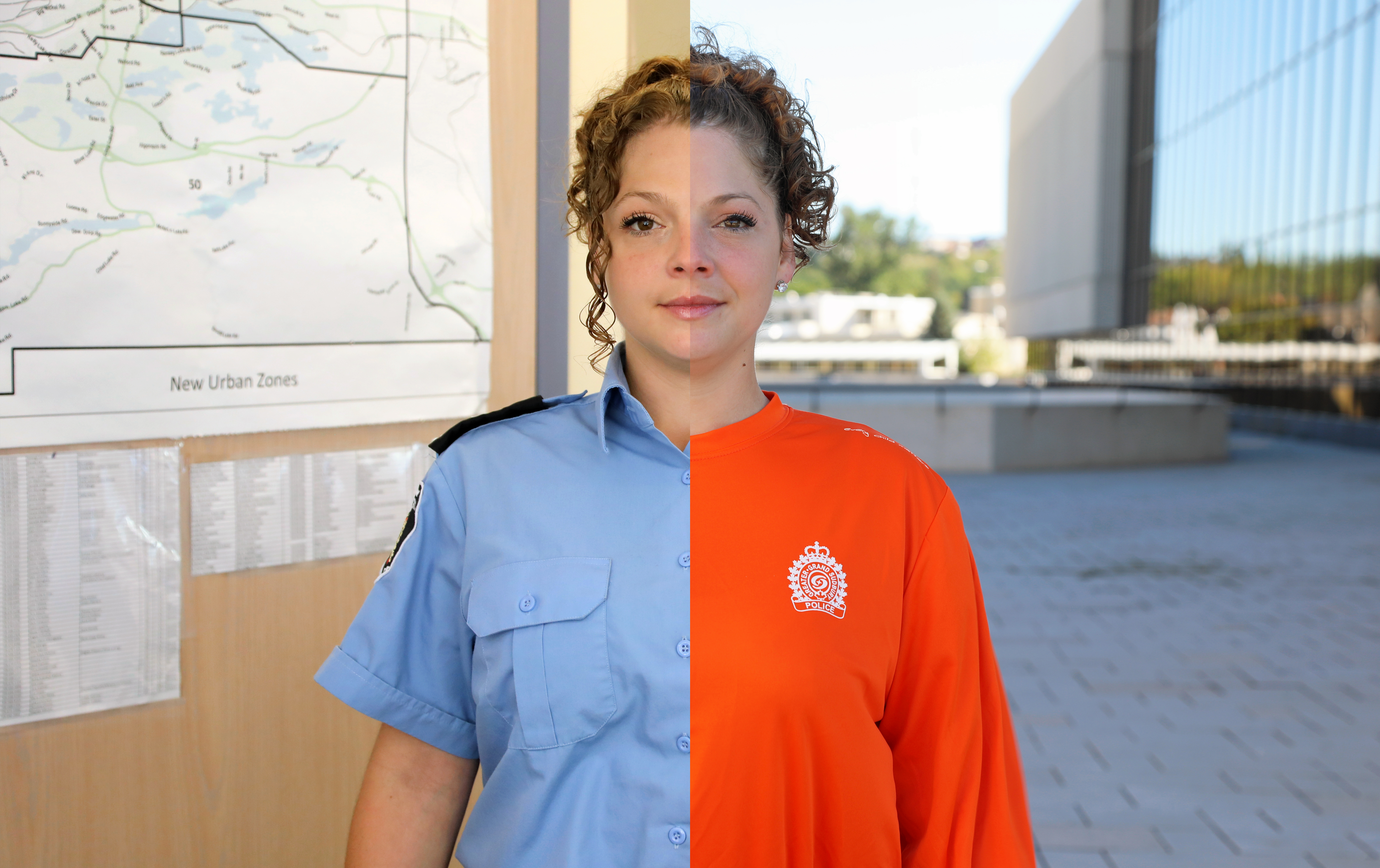 woman wearing half blue uniform and half orange shirt